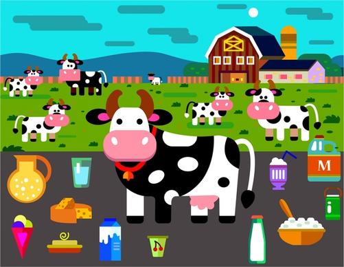 dairy products icons illustration with cow on farm