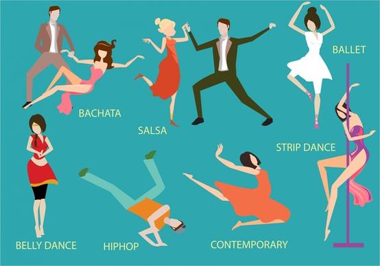 dancing styles vector illustration in colored flat design