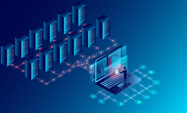 datacenter server room cloud storage technology and big data processing protecting data security concept digital information isometric dark neon cartoon vector