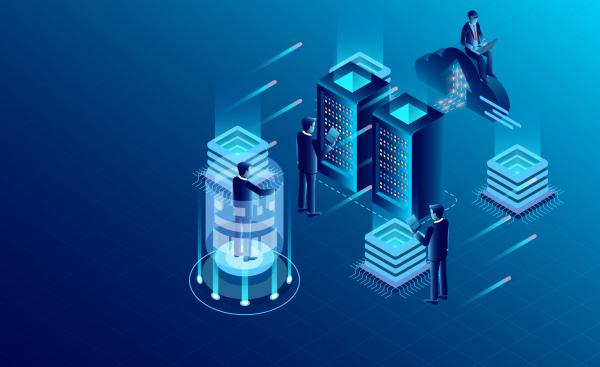 datacenter server room cloud storage technology and big data processing protecting data security concept digital information isometric dark neon vector