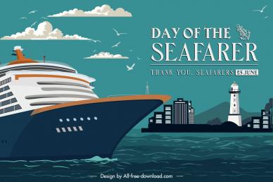 day of the seafarer banner template modern vessel port scene 