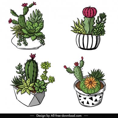 decorative cacti pots icons classical 3d handdrawn sketch