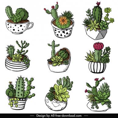 decorative cactus pot icons classical colorful handdrawn sketch