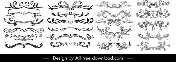 decorative elements collection black white symmetrical curves sketch