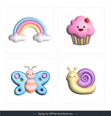 decorative elements sets  cute 3d rainbow cupcake butterfly snail