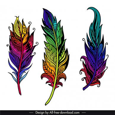 decorative feather icons colorfull ethnic decor handdrawn outline