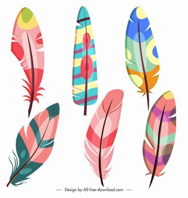 decorative feathers icons bright colorful handdrawn sketch