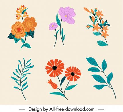 decorative floral icons colorful elegant classic handdrawn