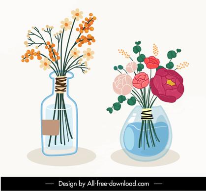 decorative flowerpots icons colorful classical handdrawn sketch