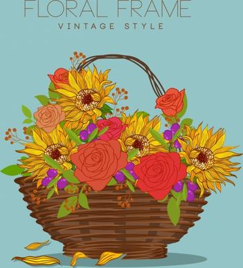 decorative flowers basket drawing multicolored handdrawn sketch