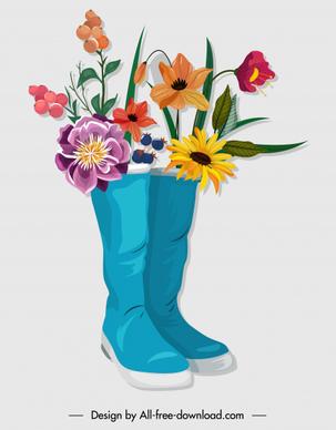 decorative flowers icon boots sketch colorful classical design