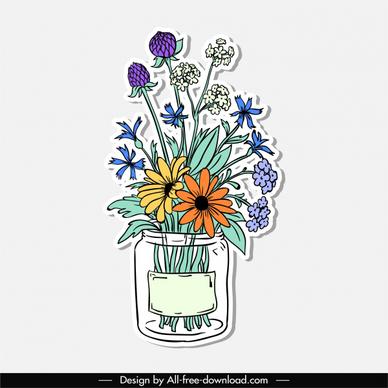 decorative flowers icons colorful handdrawn sketch classic design