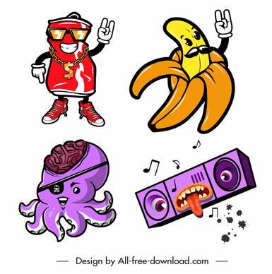 decorative icons funny stylized objects fruit animal sketch