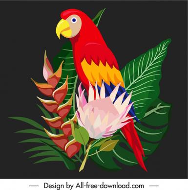 decorative nature element colorful parrot flowers leaves sketch