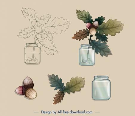 decorative plant design elements vase leaf chestnut sketch