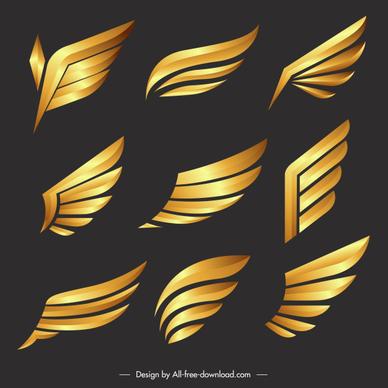 decorative wings icons shiny modern golden sketch