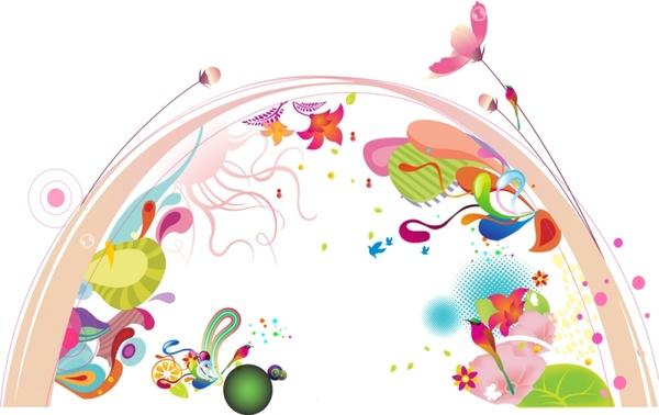 colorful flowers background arch curves and symbols decoration