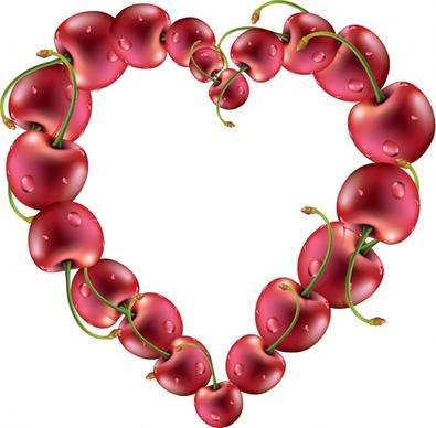 delicious apple cherry fruit heart shape vector