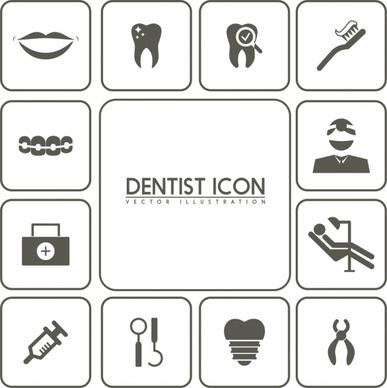 dental design elements black white flat icons isolation