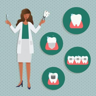 dentistry banner female dentist tooth icons circles isolation