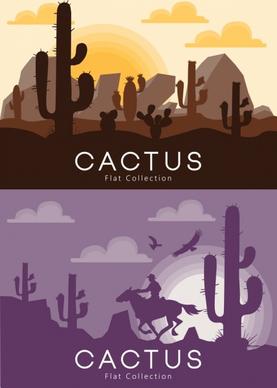 desert landscape background sets dark design cactus icon