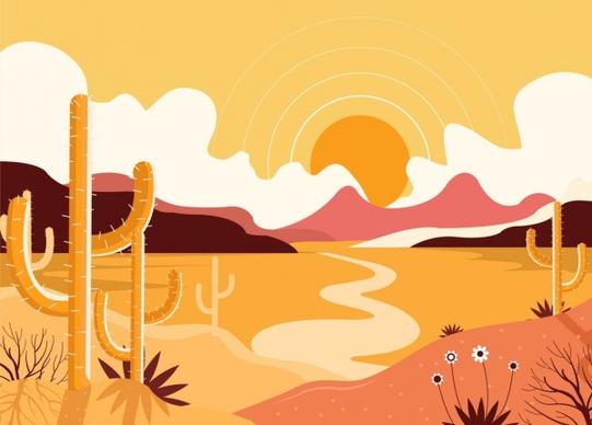 desert landscape background sun cactus icons colored classical