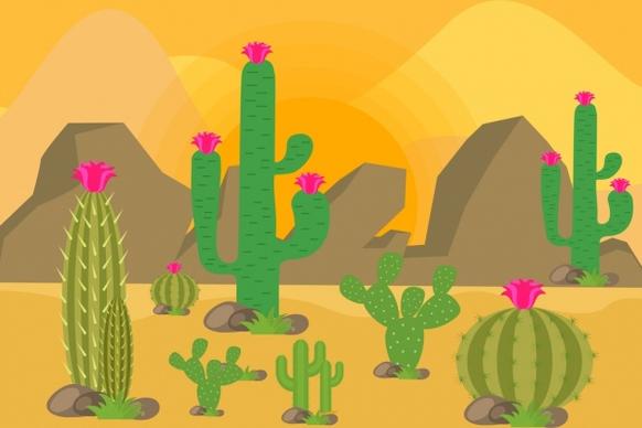 desert landscape drawing cactus rock icons colored cartoon