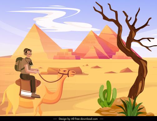 desert scene painting pyramid camel tourist sketch