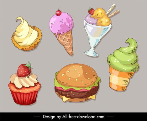 dessert food icons colorful handdrawn classic sketch