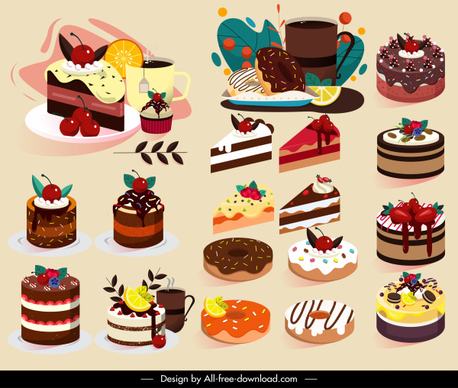 dessert icons cake shapes sketch colorful decor