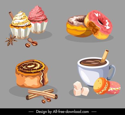 dessert icons colorful classical handdrawn pie coffee sketch