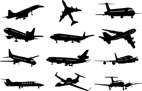 different airplane silhouette vector set