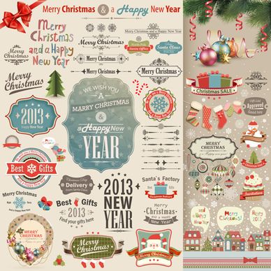 different christmas decorative ornaments and labels vector