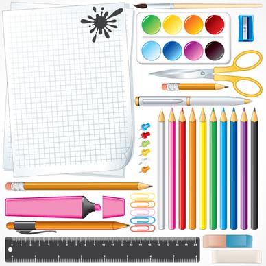 different school supplies vector graphic set