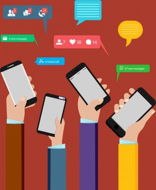 digital lifestyle background hands smartphones speech bubbles icons