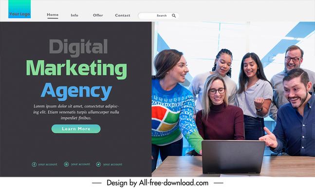 digital marketing landing page template realistic modern design excited business staffs sketch