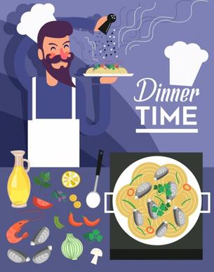 dinner time banner cook seafood icons decor