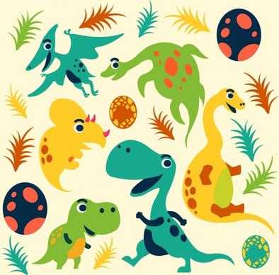 dinosaur background cute cartoon icons multicolored sketch