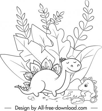 dinosaur drawing cute black white handdrawn cartoon sketch