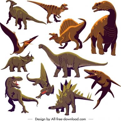 dinosaur icons collection colored cartoon characters sketch