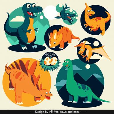 dinosaur icons colored cartoon characters sketch