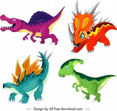 dinosaur species icons colored cartoon characters sketch