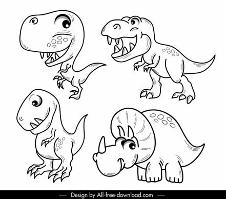 dinosaur species icons cute handdrawn cartoon sketch