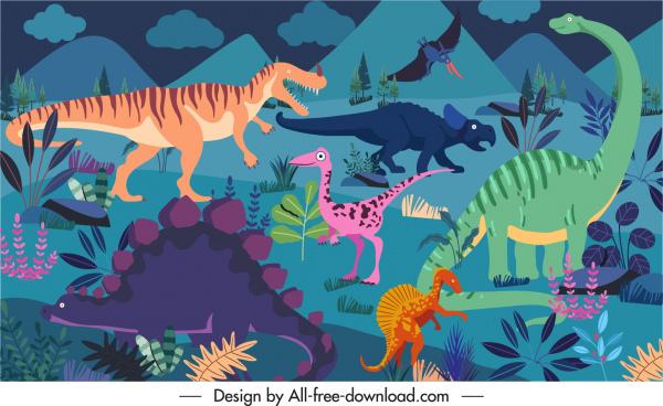 dinosaurs background template colorful dark cartoon sketch