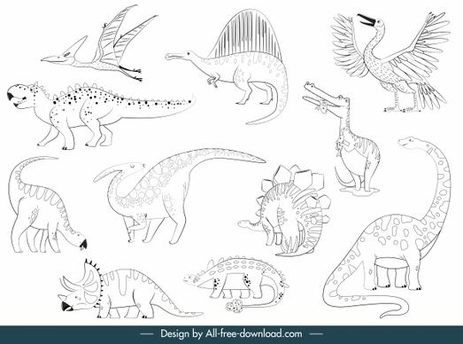 dinosaurs species icons black white handdrawn sketch