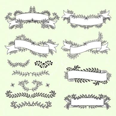 document decorative design elements ribbon flowers sketch
