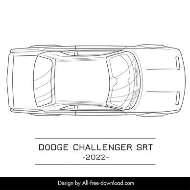 dodge challenger srt 2022 car model icon flat black white handdrawn top view sketch