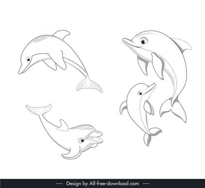 dolphin swimming deisng elements collection black white handdrawn  outline 