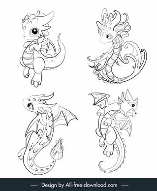 dragon icons cute cartoon sketch black white handdrawn