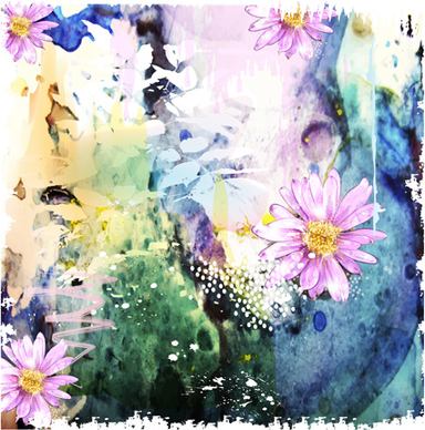 drawn watercolor flower art background vector set